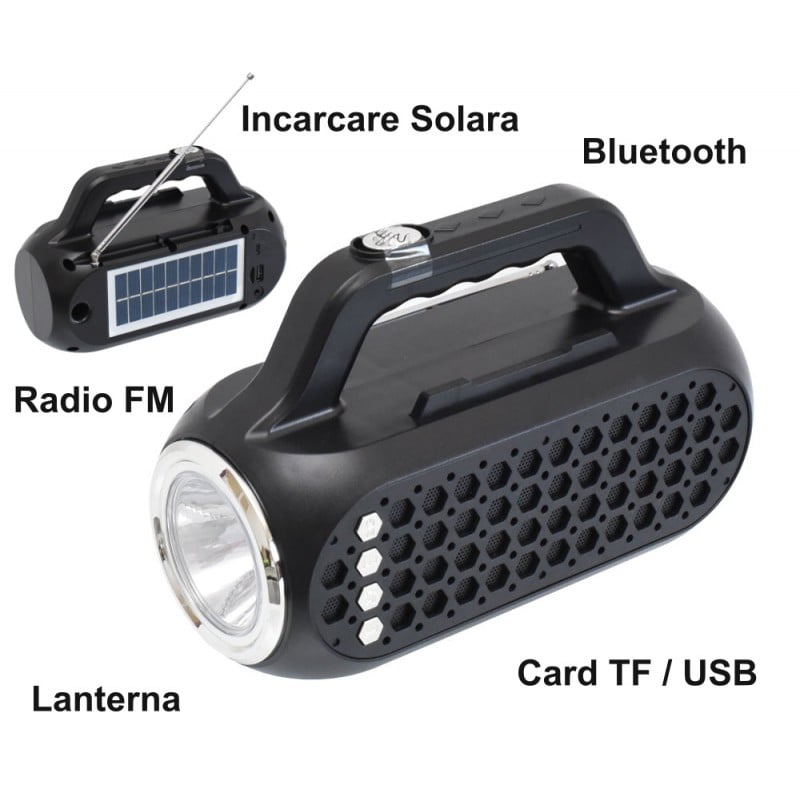Radio portabil multifunctional cu incarcare solara, Bluetooth, radio FM, lanterna si card TF