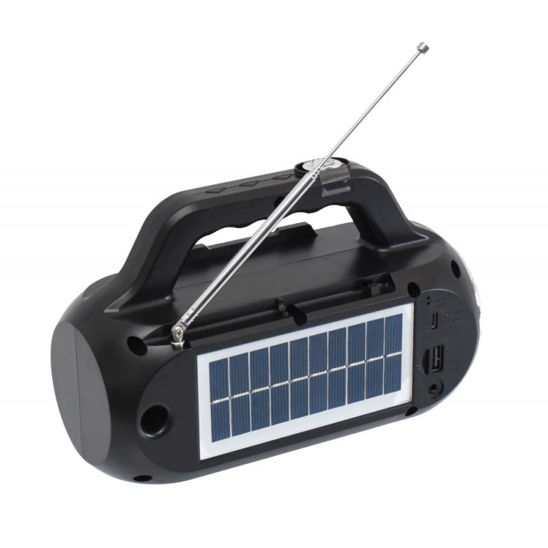 Radio solar portabil cu panou solar si antena telescopica, vedere spate cu porturi USB