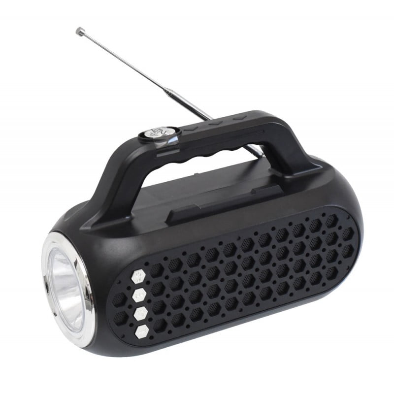 Radio portabil cu lanterna LED si grila difuzor hexagonala, vedere laterala fata
