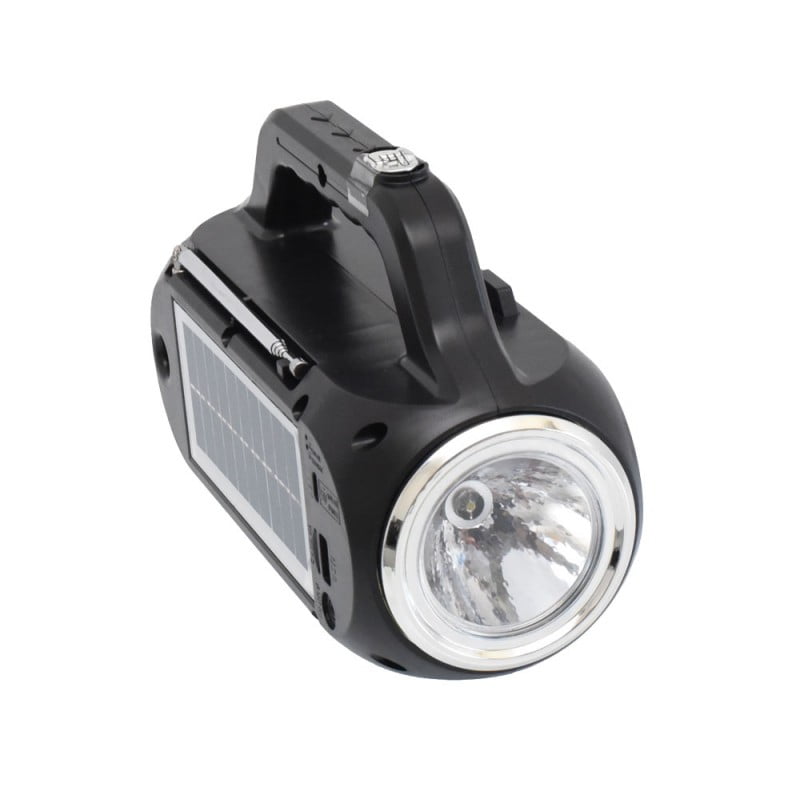 Lanterna LED integrata in radio portabil solar, vedere frontala cu reflector mare