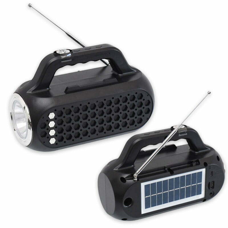 Radio FM portabil cu lanterna LED 1W-10W, panou solar integrat, Bluetooth si difuzoare 2x5W