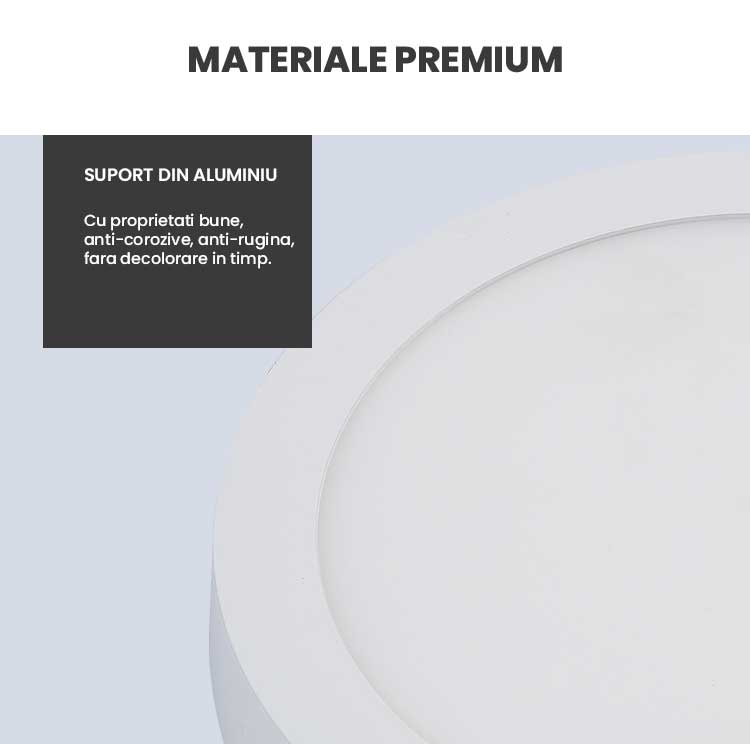 Aplica LED rotunda aparenta cu suport din aluminiu anti-coroziv, vedere frontala de aproape