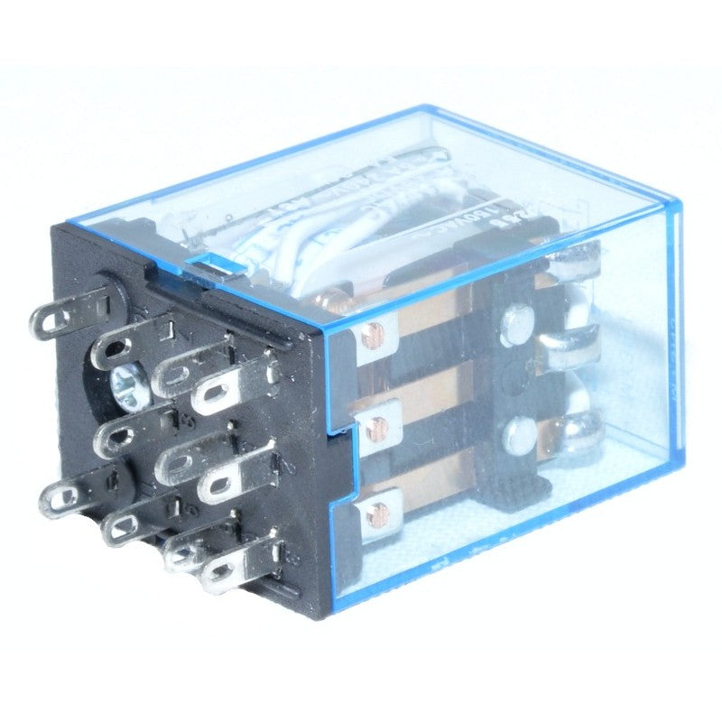 Releu electromagnetic 11 pini, vedere laterala cu contacte si carcasa transparenta albastra