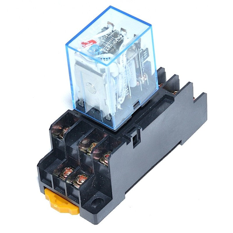 Releu electromagnetic 12V DC cu 11 pini si soclu PYF11A inclus, curent nominal 5A, carcasa transparenta