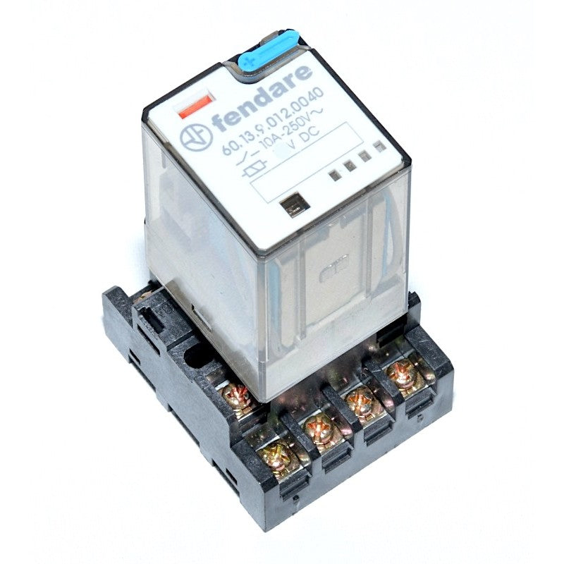Releu electromagnetic industrial 12V DC 10A 250V AC cu soclu 11 pini, indicator LED stare, montaj sina DIN