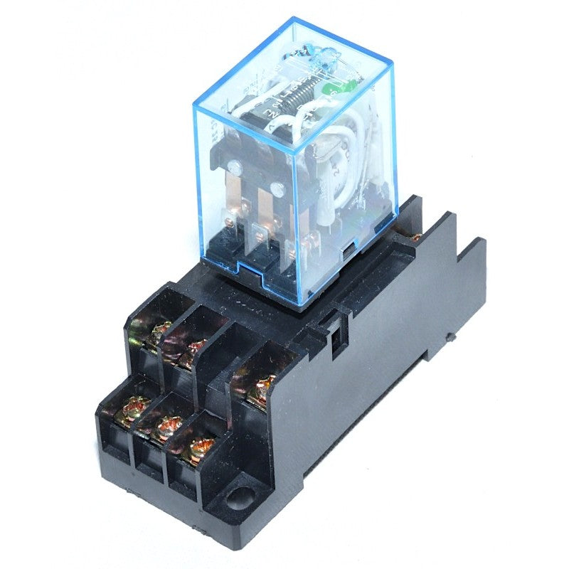 Releu electromagnetic 220V AC 11 pini cu soclu PYF11A inclus, corp transparent, curent nominal 5A