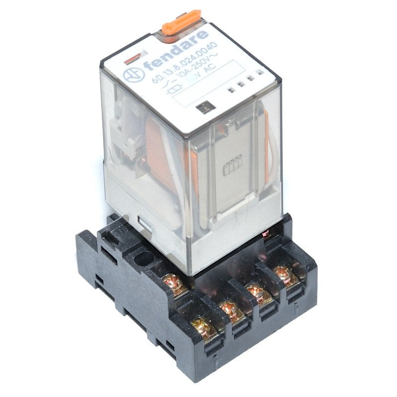 releu electromagnetic industrial 24V AC cu 11 pini si soclu inclus, contacte 10A 250V, corp transparent