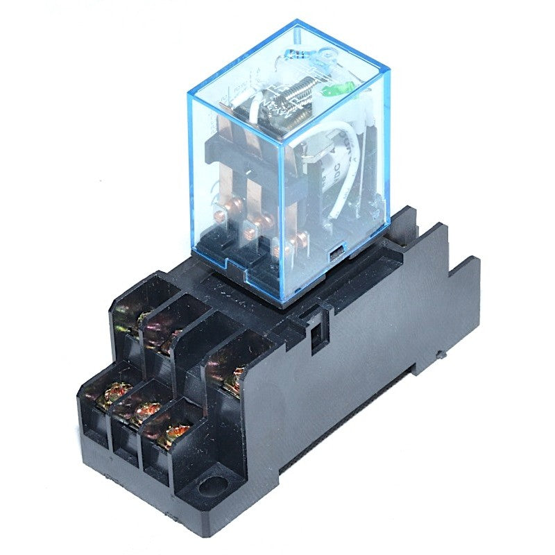 Releu electromagnetic 48V DC cu 11 pini si soclu DIN, carcasa transparenta albastra, comutare industriala