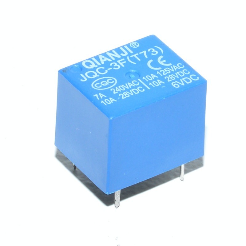 Releu electromagnetic 6V DC 10A cu 5 pini, tensiune comutare 240VAC, carcasa albastra compacta