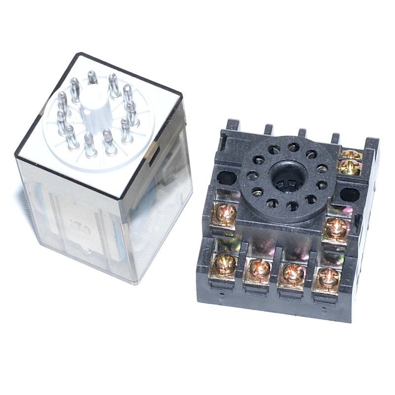 Releu industrial 11 pini cu carcasa transparenta si soclu de montare, vedere pini si borne