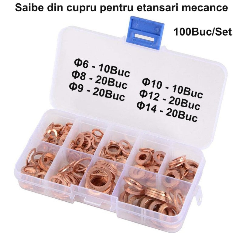 Cutie 100 saibe cupru sortate pe diametre: O6-10buc, O8-20buc, O9-20buc, O10-10buc, O12-20buc, O14-20buc