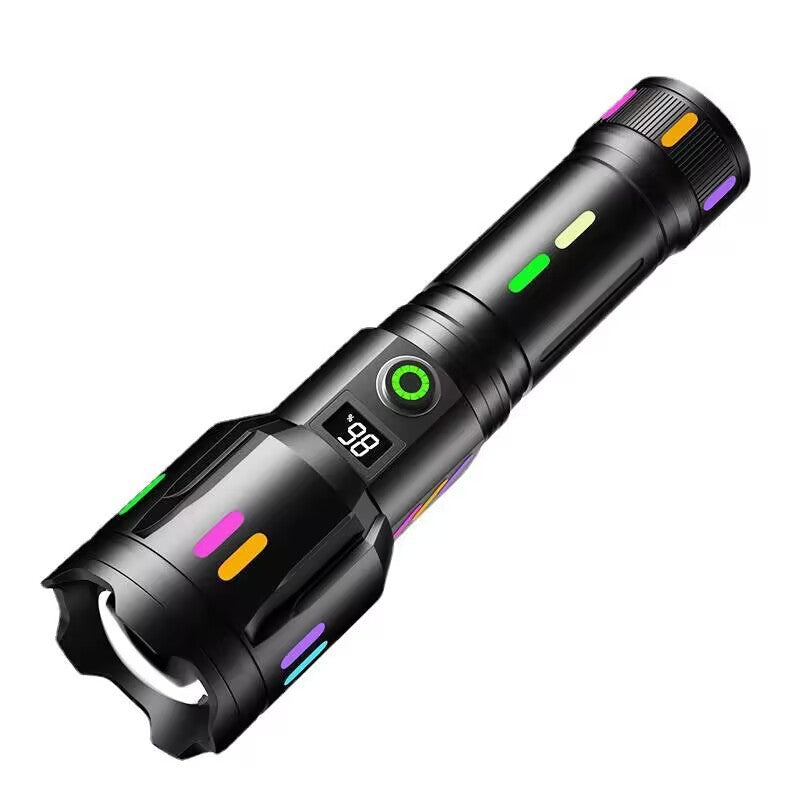 Lanterna LED P50 2000 lumeni, zoom telescopic, afisaj digital, corp aluminiu cu benzi fluorescente colorate