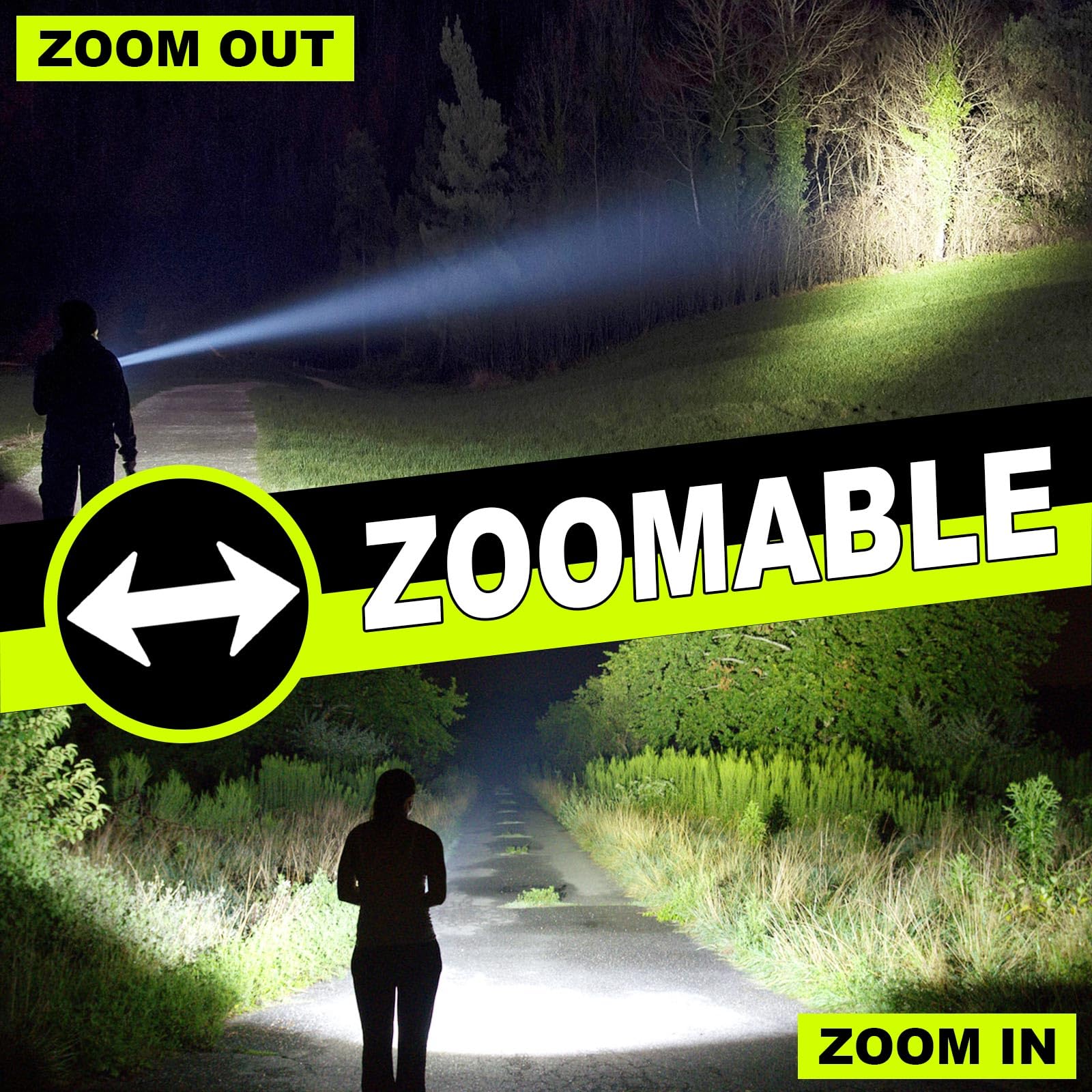 Lanterna LED cu zoom telescopic: comparatie fascicul ingust la distanta versus floodlight larg pe drum nocturn