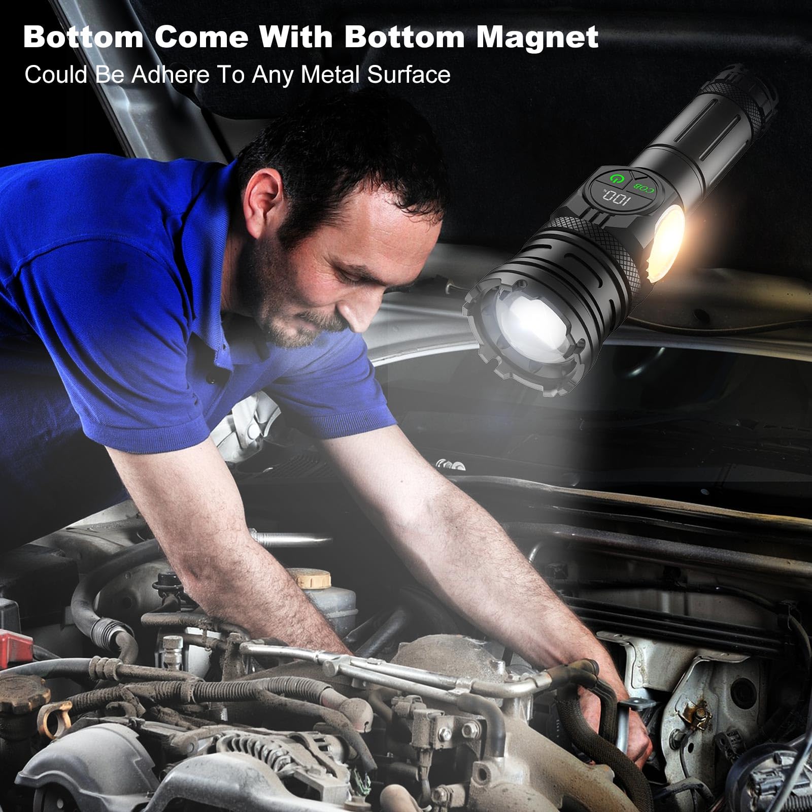 Lanterna tactica cu magnet de fixare utilizata de un mecanic auto sub capota, COB lateral aprins