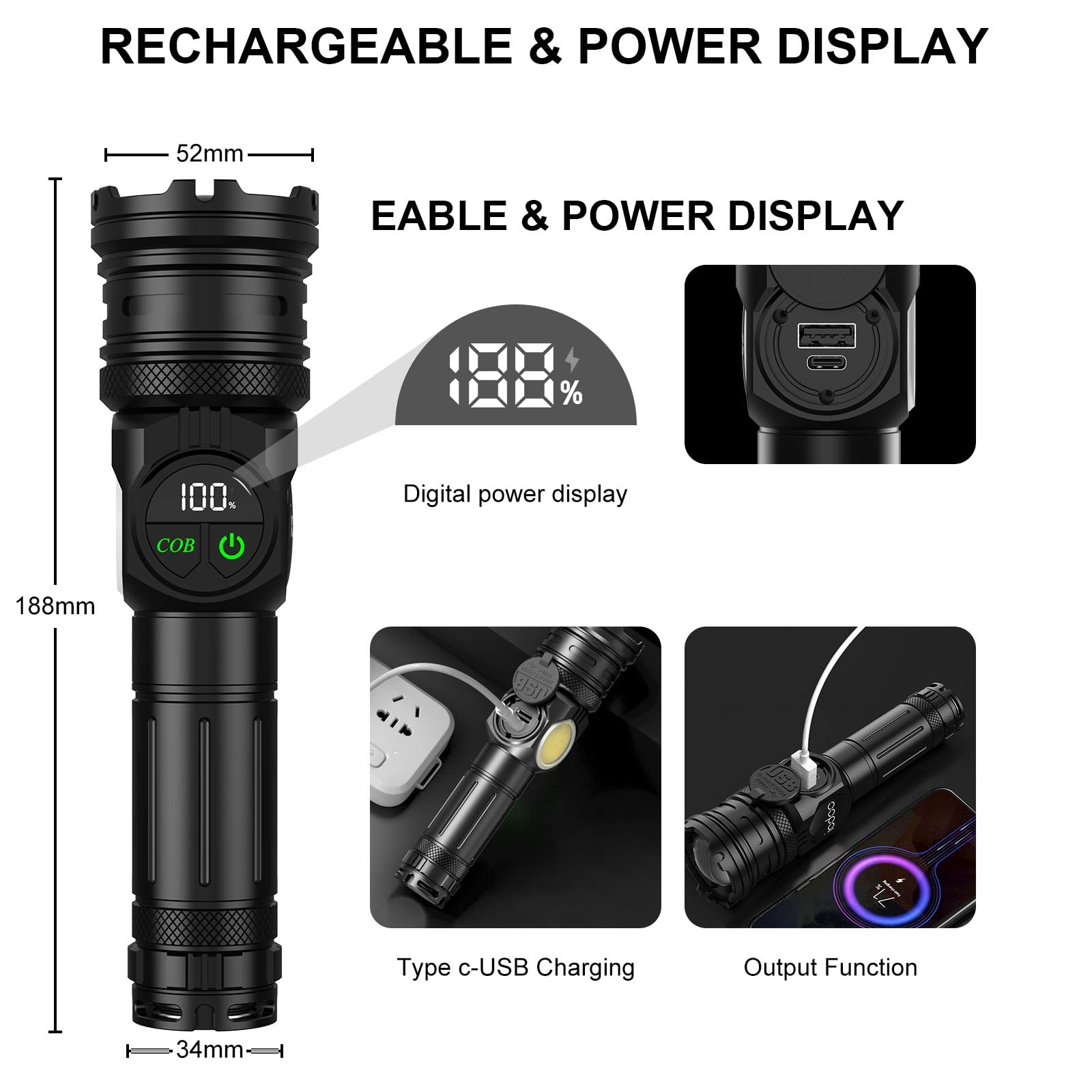 Lanterna tactica 188mm lungime cu display digital 100%, incarcare Type-C si functie powerbank pentru telefon