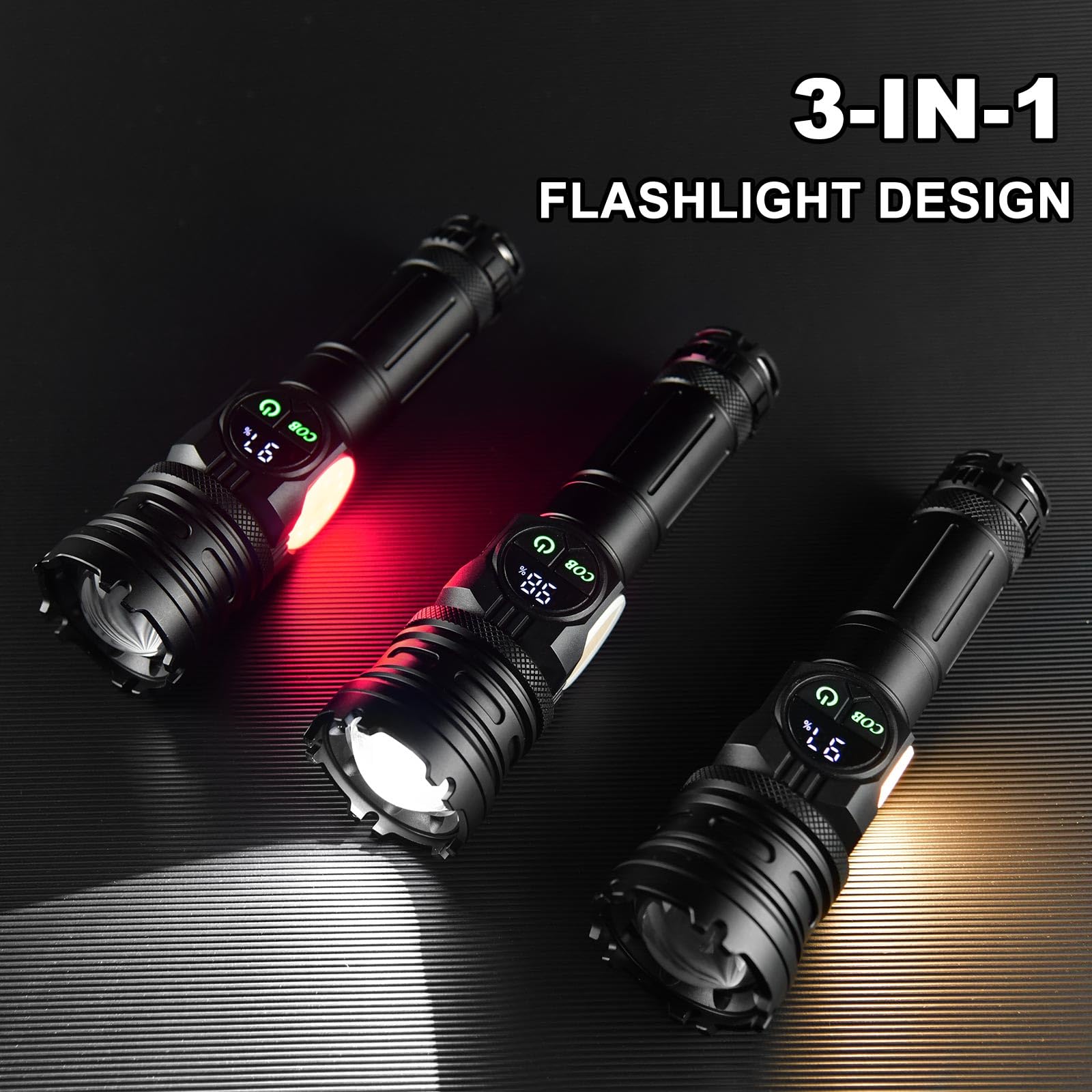 Trei lanterne tactice LED in moduri diferite: lumina alba, rosie si COB warm, design 3-in-1