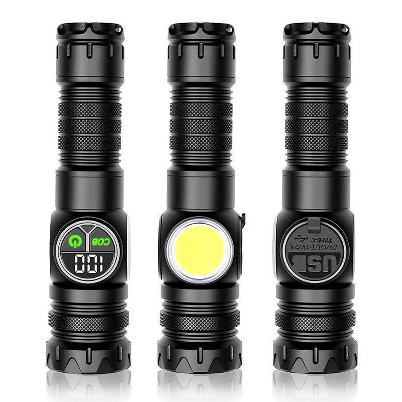Lanterna tactica LED XHP vazuta din trei unghiuri: display COB lateral, led frontal activ si port USB Type-C