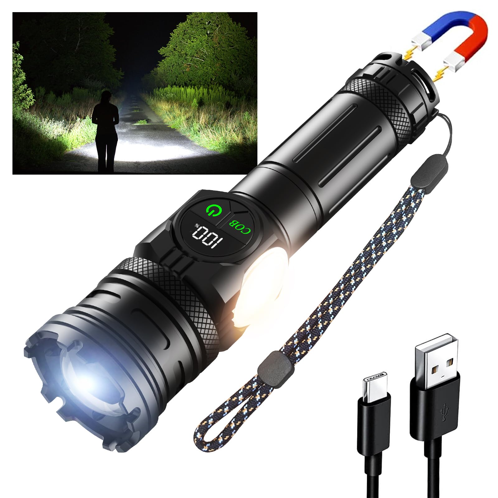 Lanterna LED reincarcabila USB Type-C cu magnet superior, snur textil si fascicul puternic pe drum nocturn