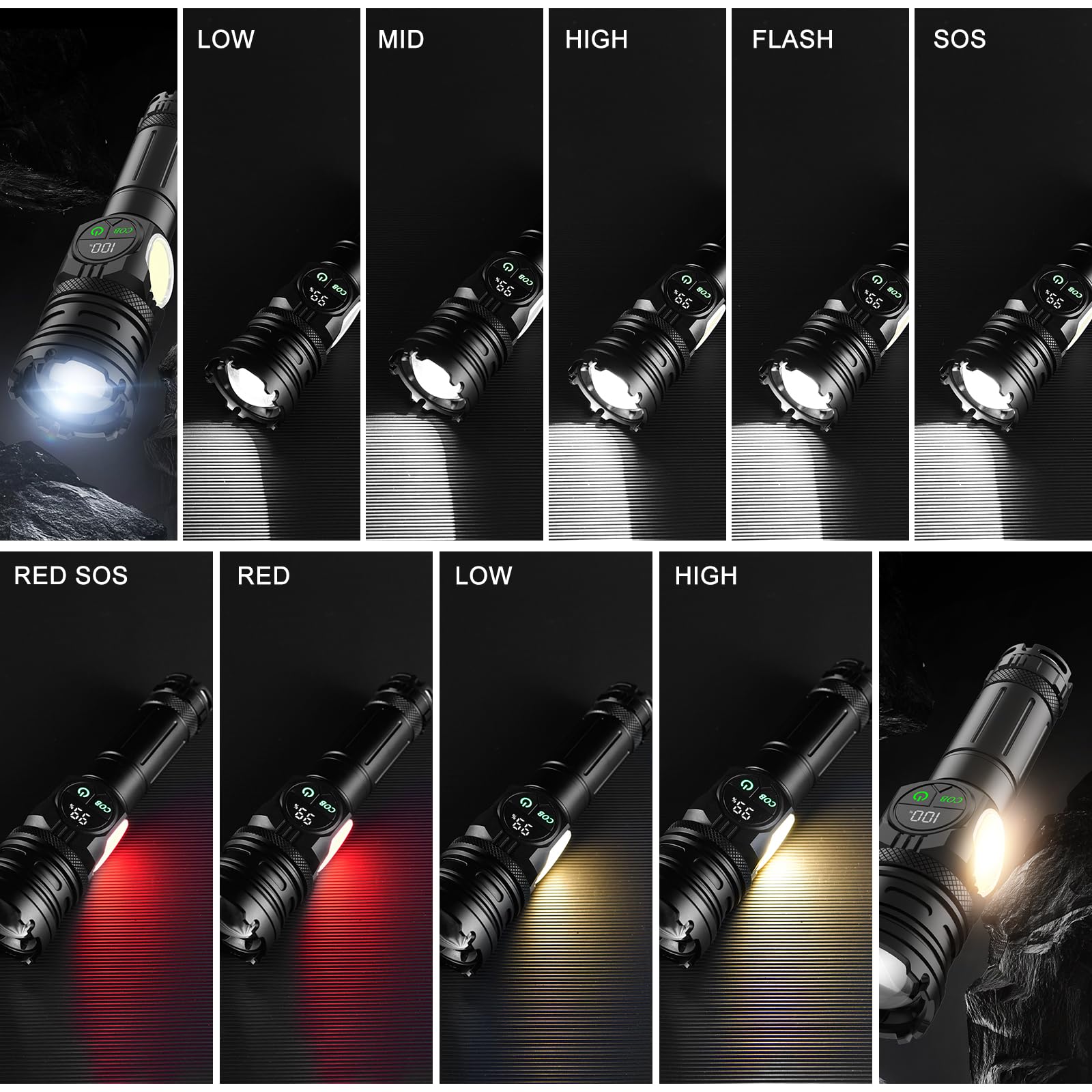 Lanterna tactica LED cu 9 moduri de iluminare: low, mid, high, flash, SOS, rosu, COB warm si COB alb