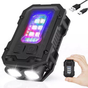 Lanterna multifunctionala LED compacta cu lumini alb-rosu-albastru, incarcare USB-C, clip curea si breloc