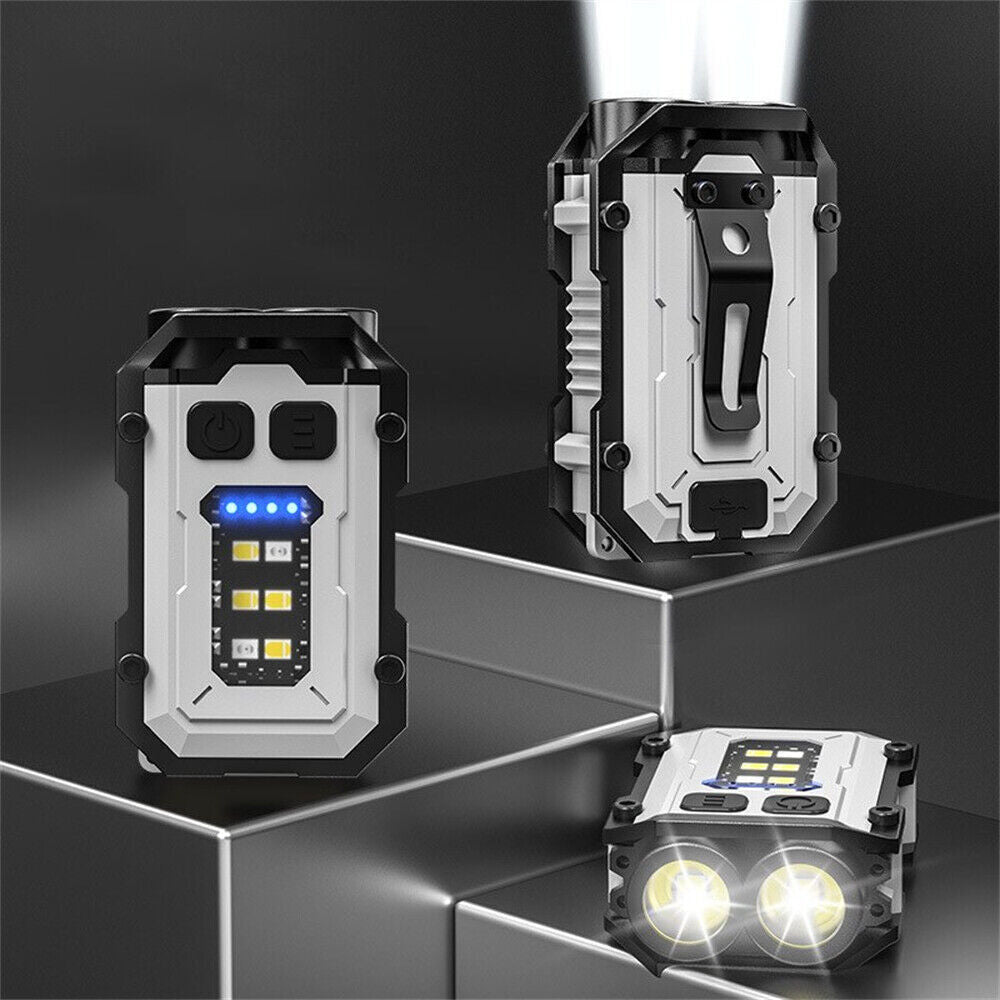 Lanterna LED multifunctionala argintie prezentata din trei unghiuri: fata, spate cu clip si jos cu fascicul