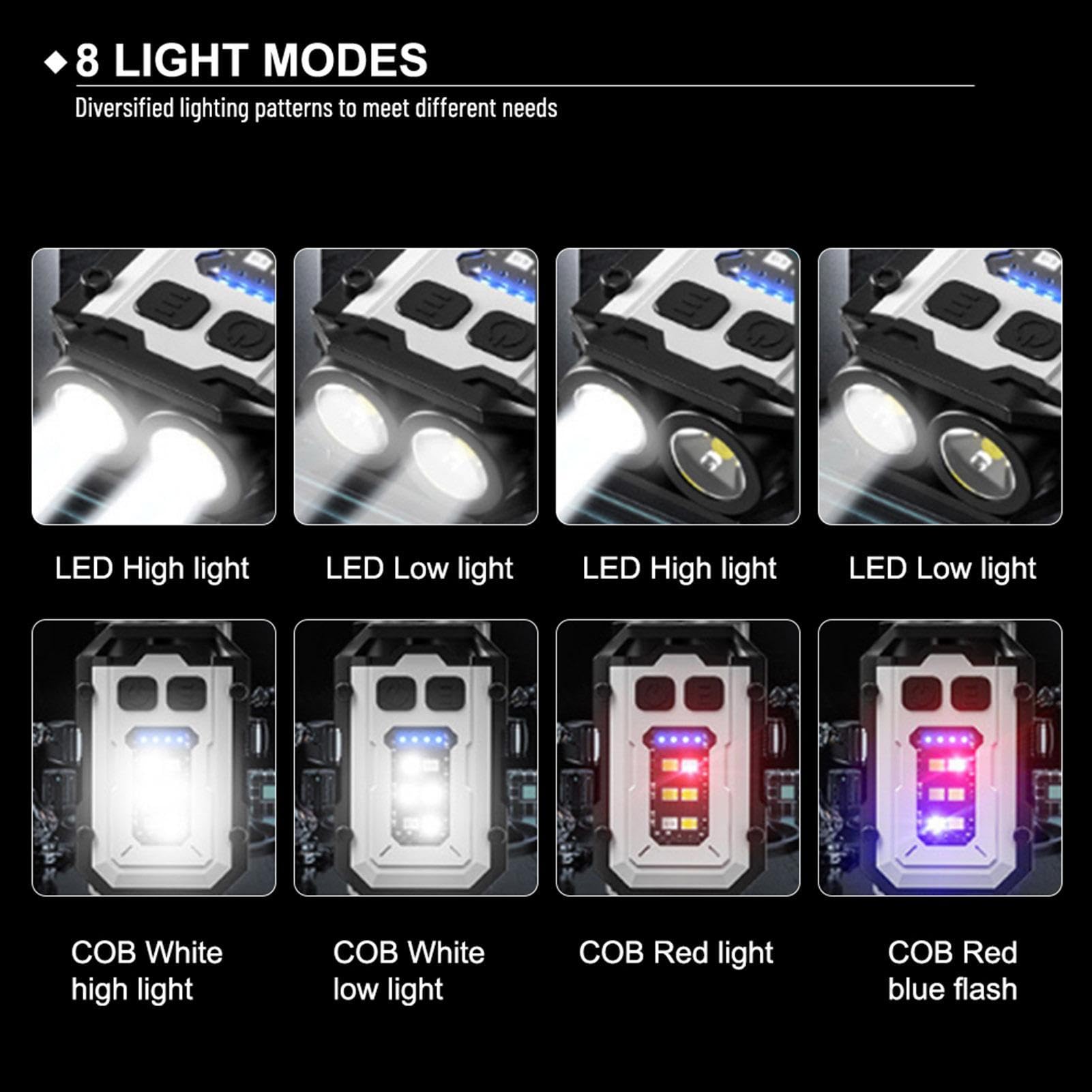Lanterna LED compact cu 8 moduri de iluminare: alb intens, alb slab, COB alb, rosu si rosu-albastru flash