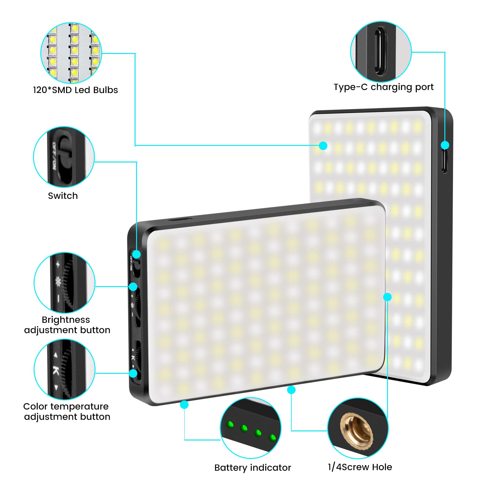 Lampa LED video portabila cu 120 SMD LED-uri, port Type-C, indicator baterie si filet 1/4
