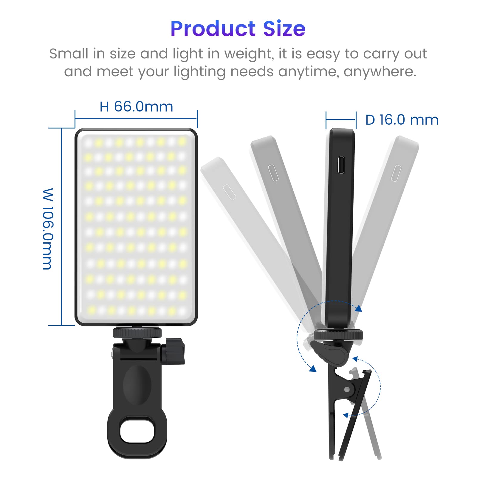 Lampa LED video compacta 106x66x16mm cu clips reglabil si unghi de inclinare ajustabil