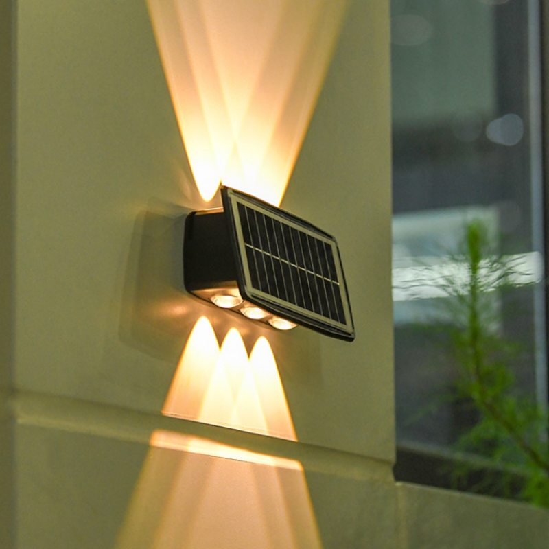 Lampa solara de perete exterior 6 LED-uri, iluminat bidirectional sus-jos, IP65, lumina calda pe fatada