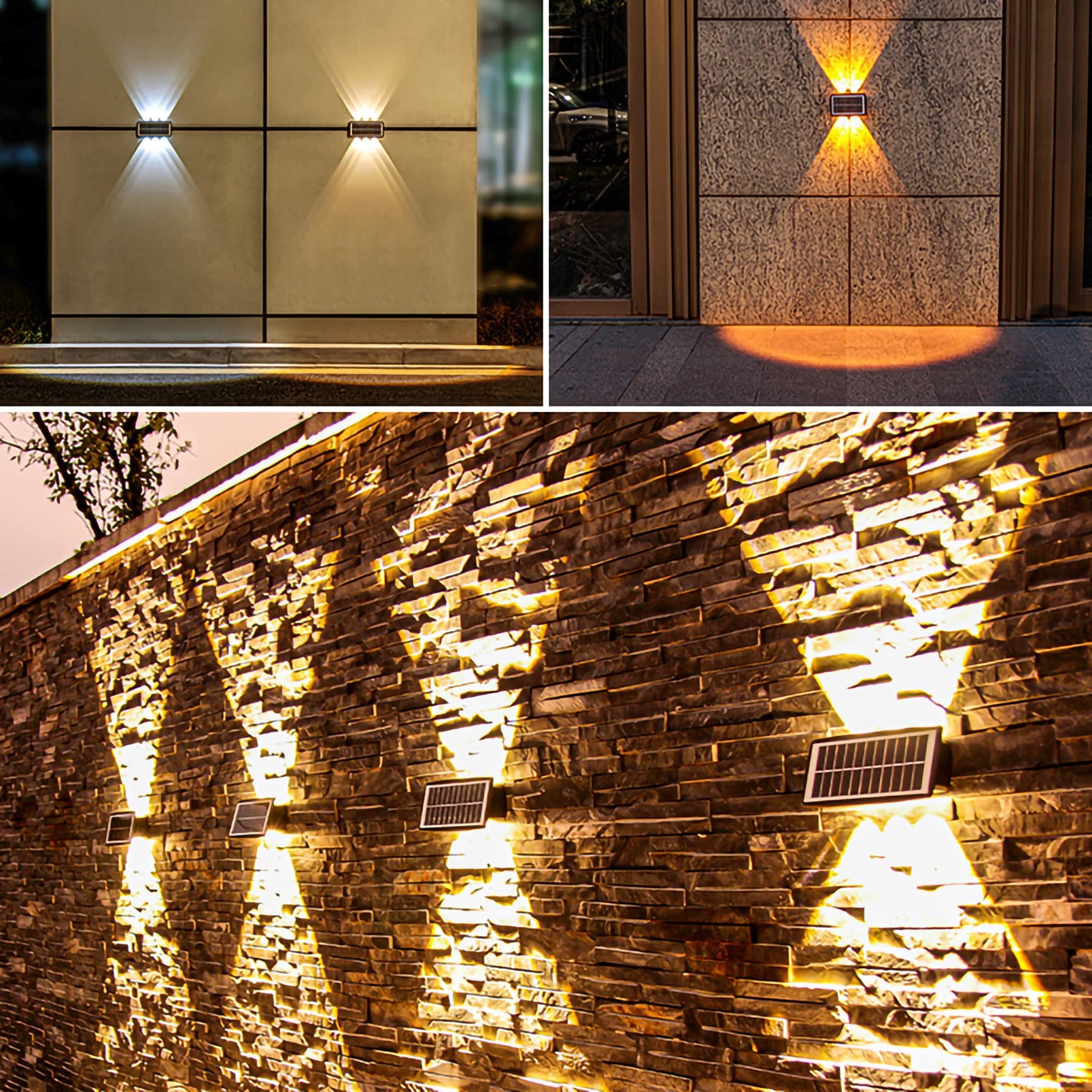 Aplica solara de exterior montata pe gard de caramida si la intrare, efect wash light bidirectional
