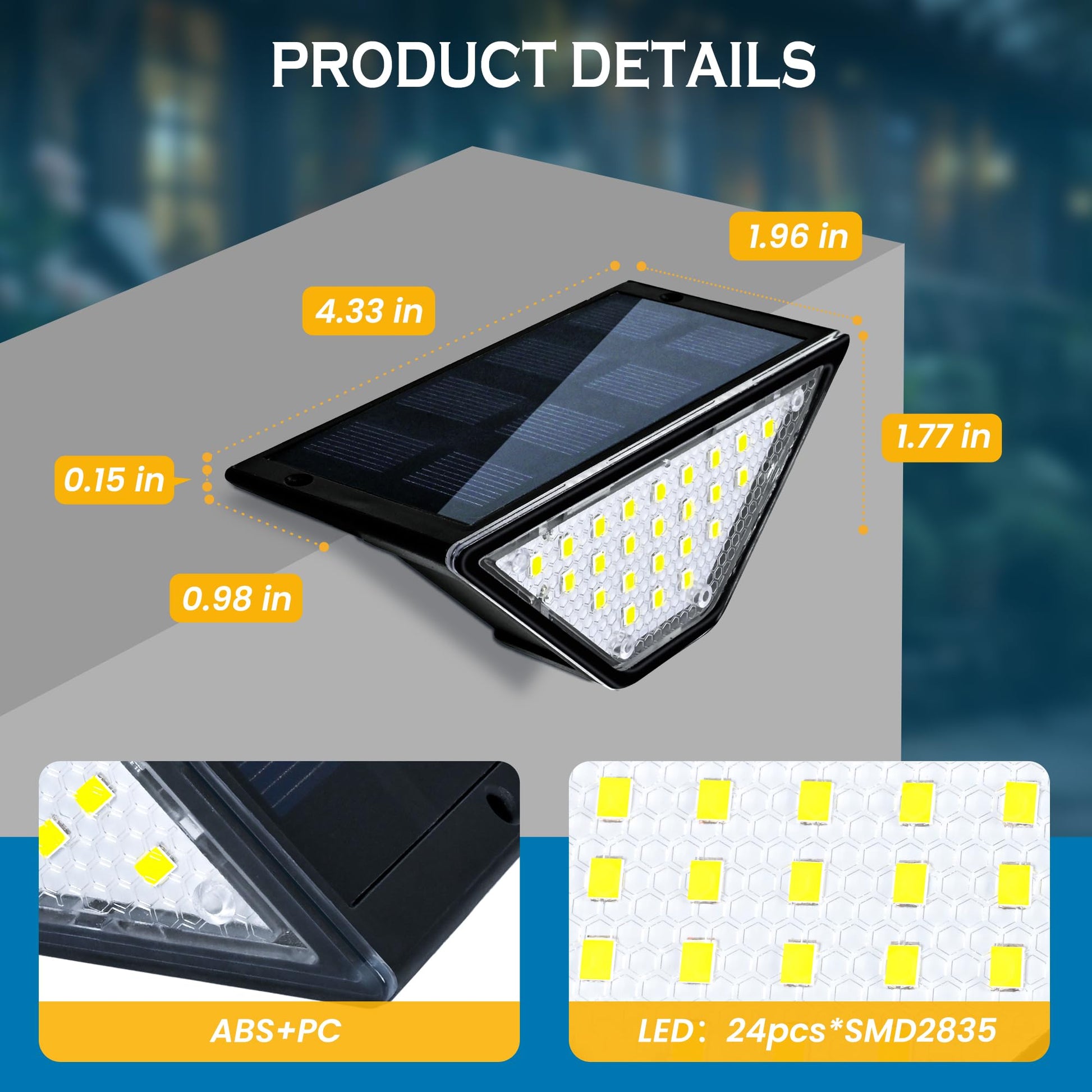 Lampa solara trepte cu 24 LED SMD2835, carcasa ABS+PC, dimensiuni detaliate si chip-uri LED vizibile