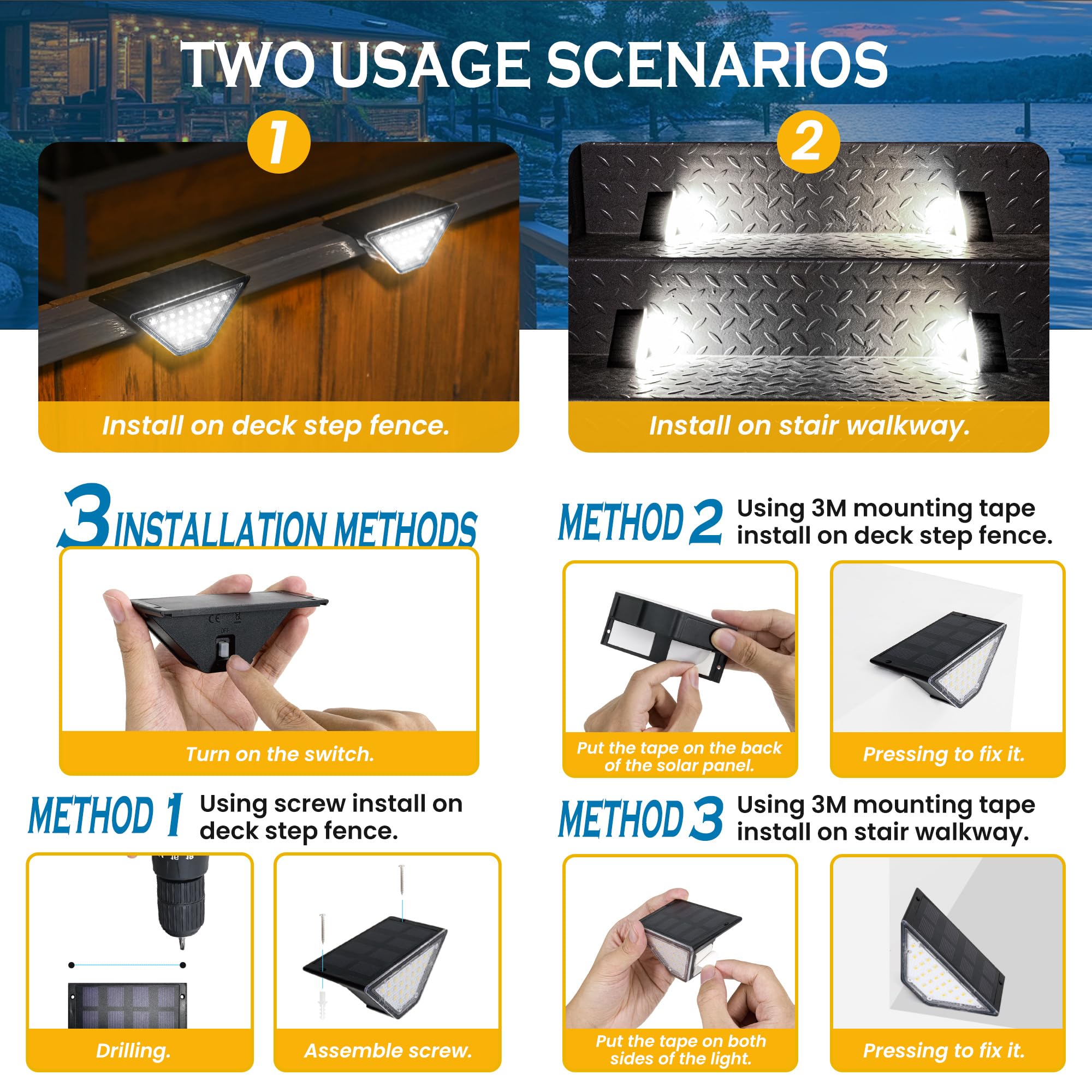 Lampa solara pentru trepte si gard cu 3 metode de montaj: surub, banda 3M pe balustrada sau pe scara