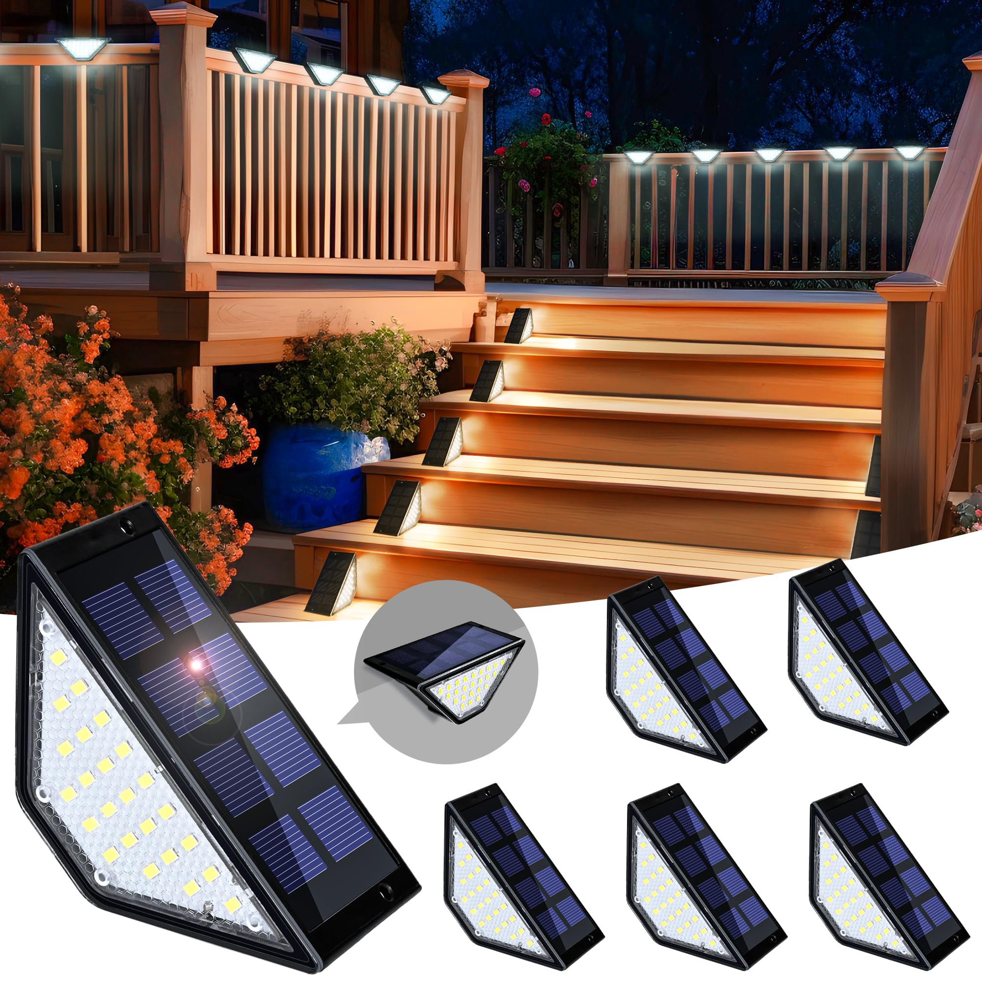 Lampa solara LED triunghi pentru trepte si gard, 24 LED SMD2835, set 8 bucati, iluminat exterior autonom