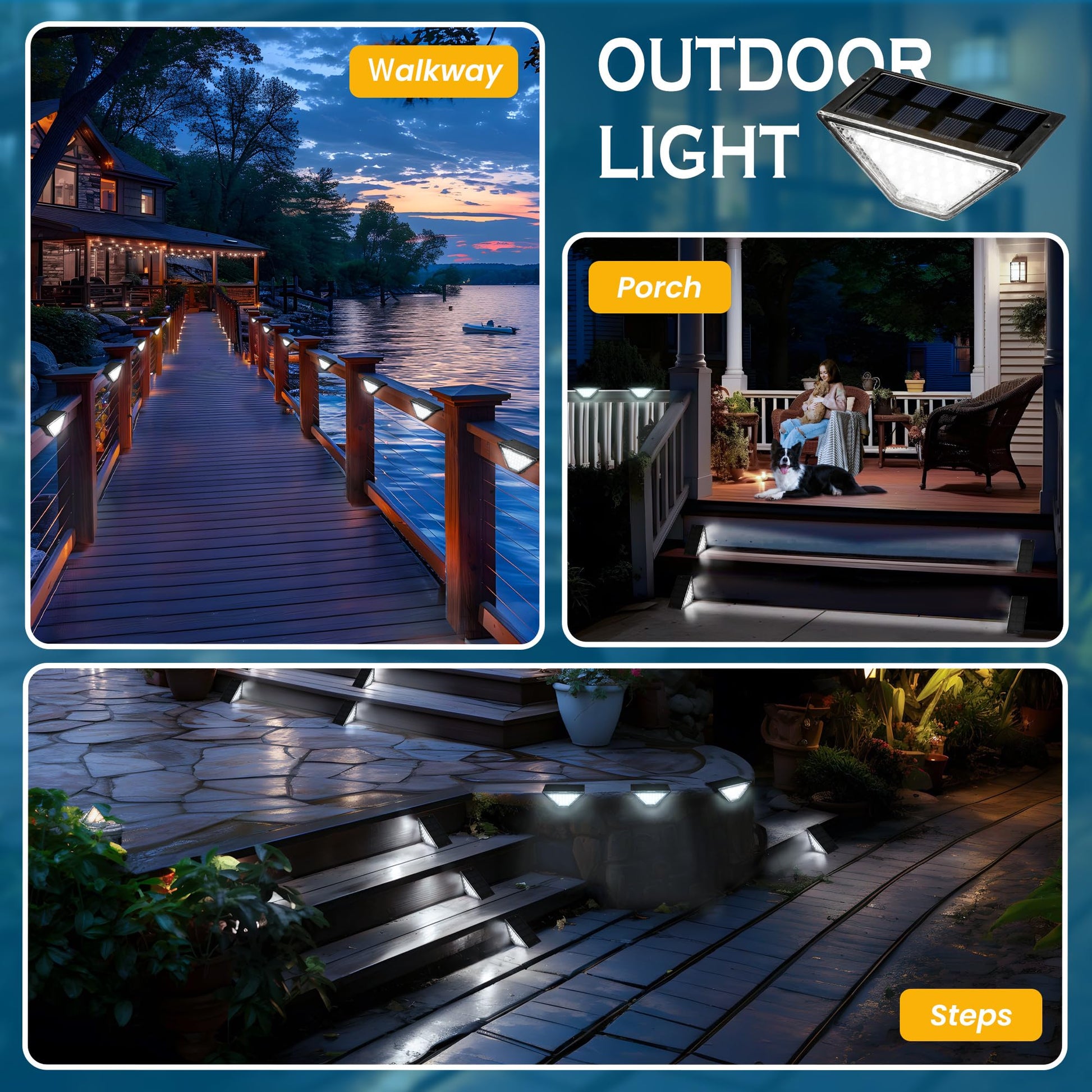 Lampa solara pentru trepte aplicata pe pontoane, veranda si scari exterioare in diverse scenarii outdoor