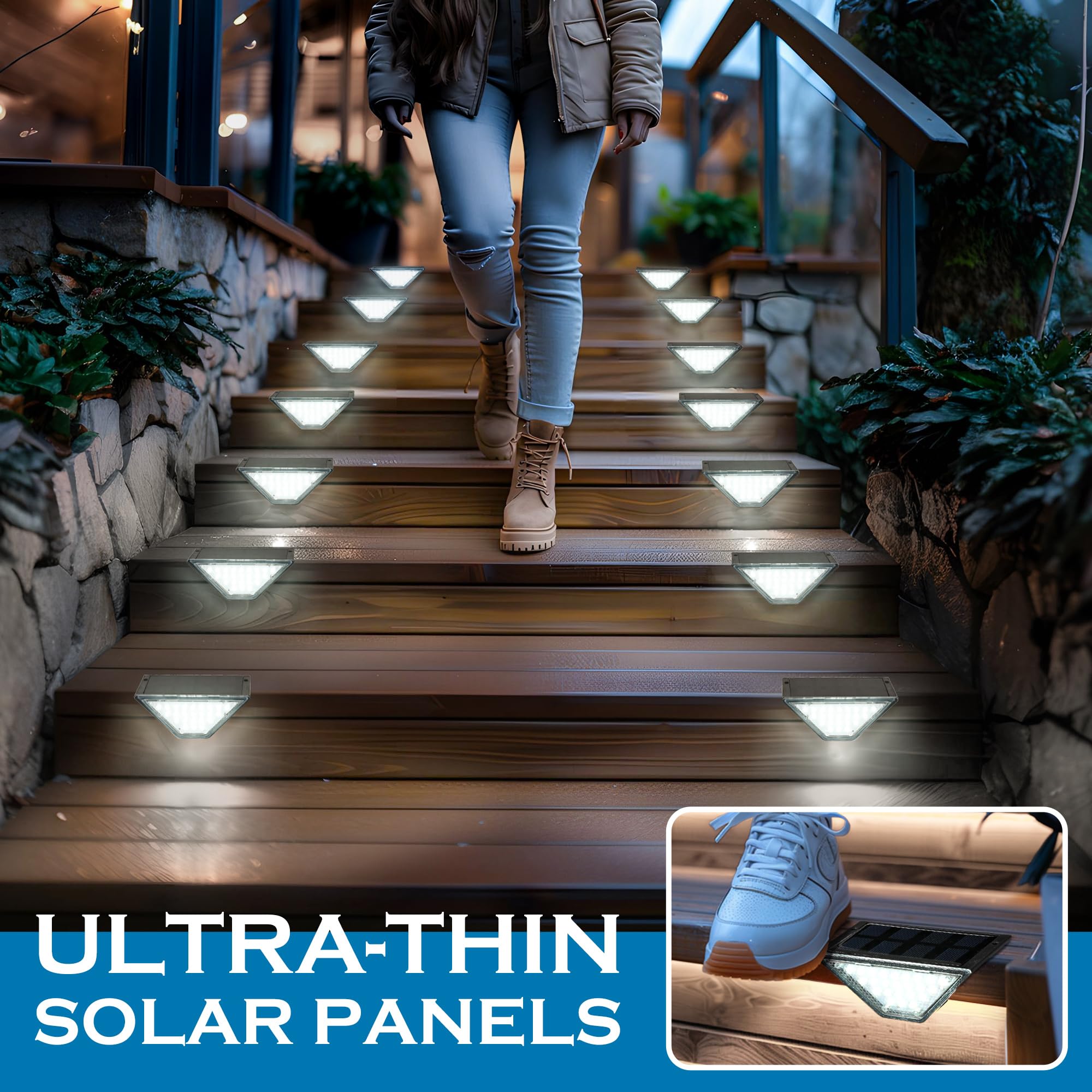 Lampa solara ultra-subtire pentru trepte exterioare, profil compact, lumina alba rece pe scara din lemn