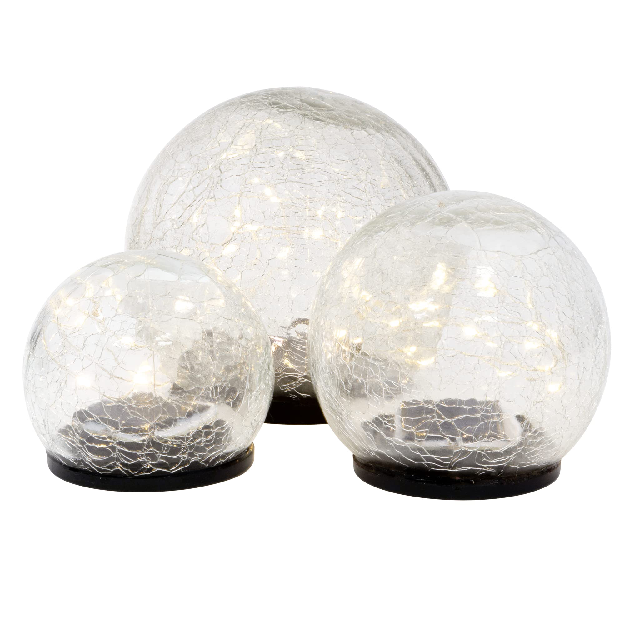Set 3 globuri solare sticla crapatura in marimi diferite, aspect transparent pe fond alb