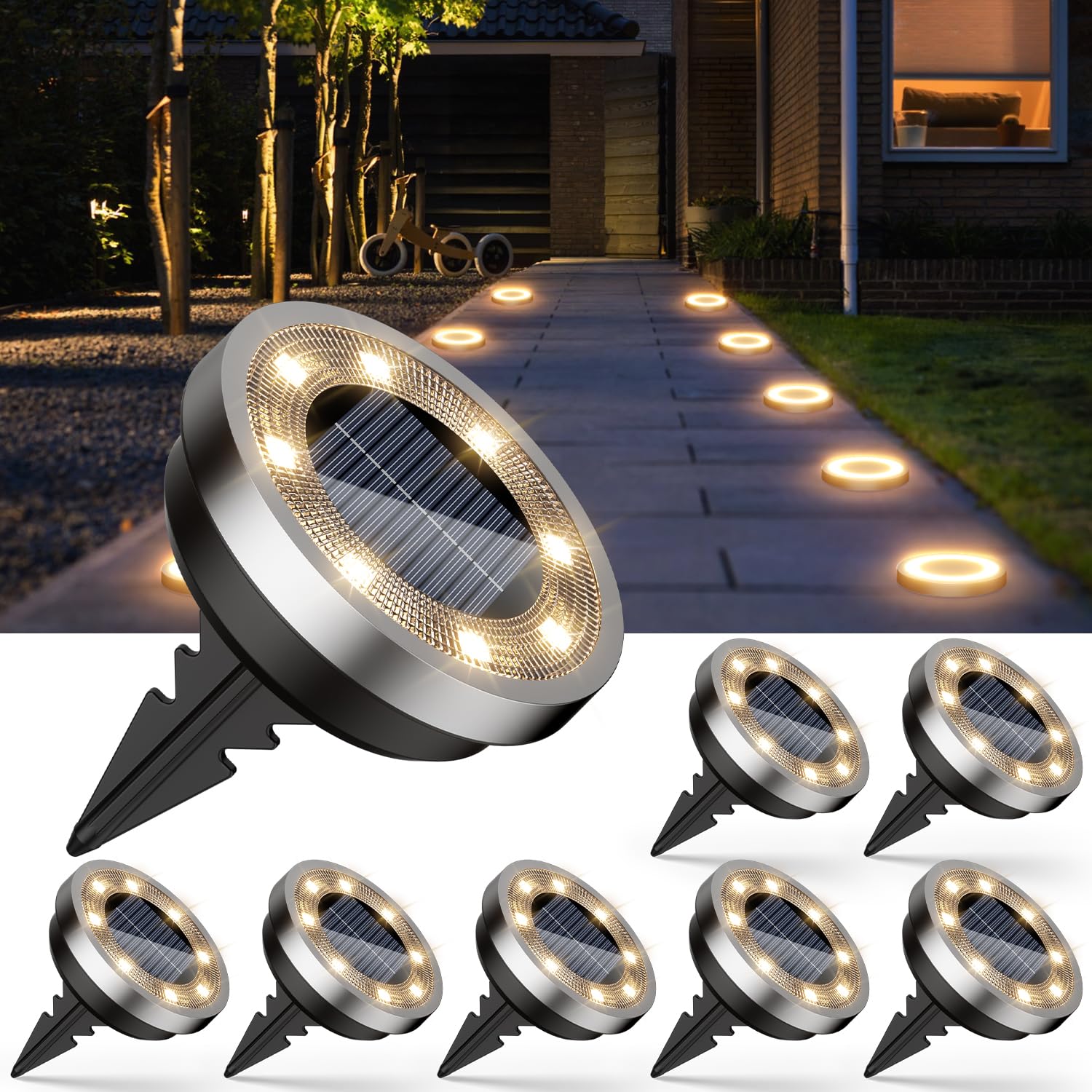 Set 8 lampi solare tip disc cu 8 LED-uri SMD, lumina alb neutru, IP65, montaj tarus sau surub, alei si gradini