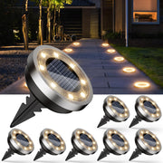 Set 8 lampi solare tip disc cu 8 LED-uri SMD, lumina alb neutru, IP65, montaj tarus sau surub, alei si gradini