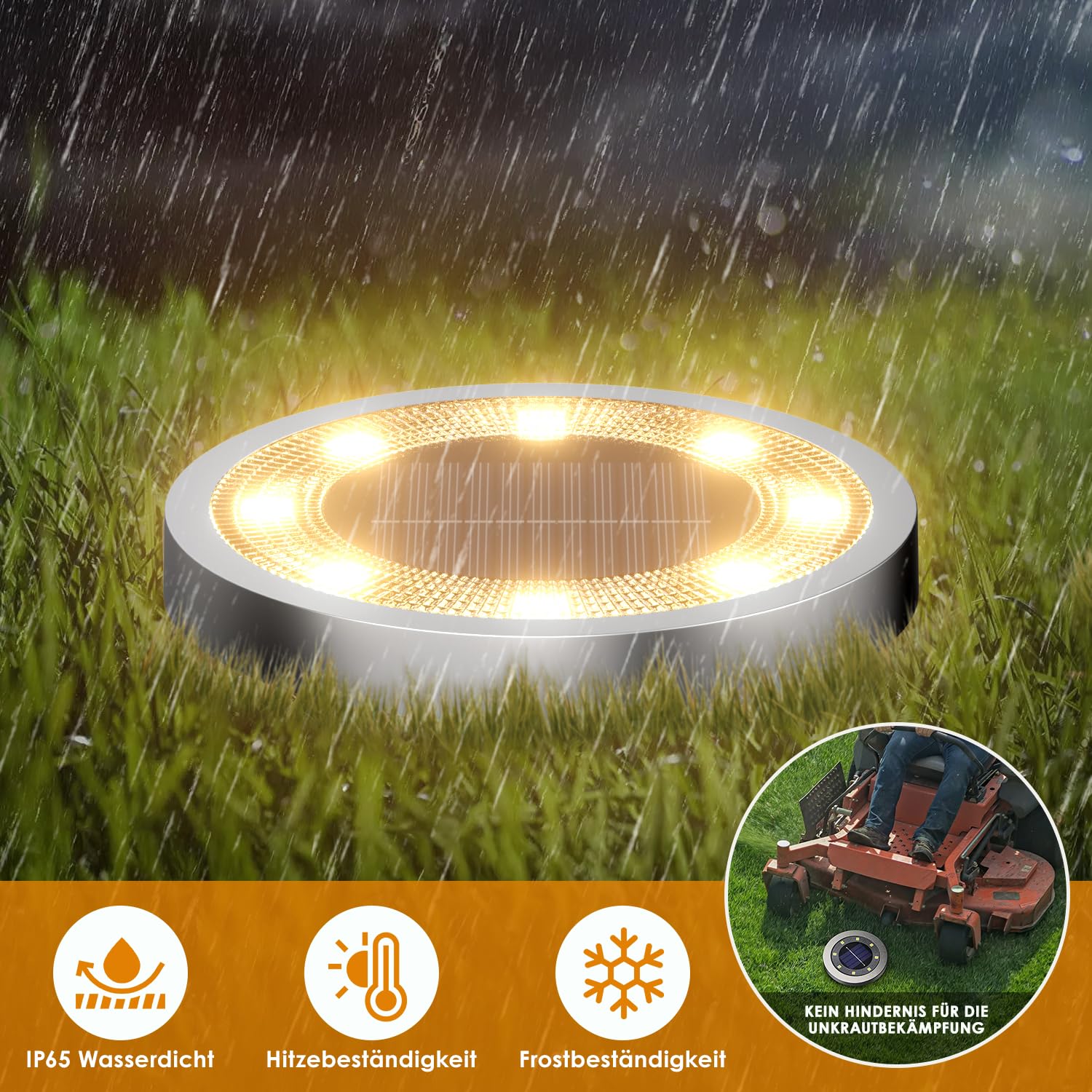 Lampa solara tip disc rezistenta la ploaie IP65, lumina calda, functionare pe gazon in conditii meteo extreme