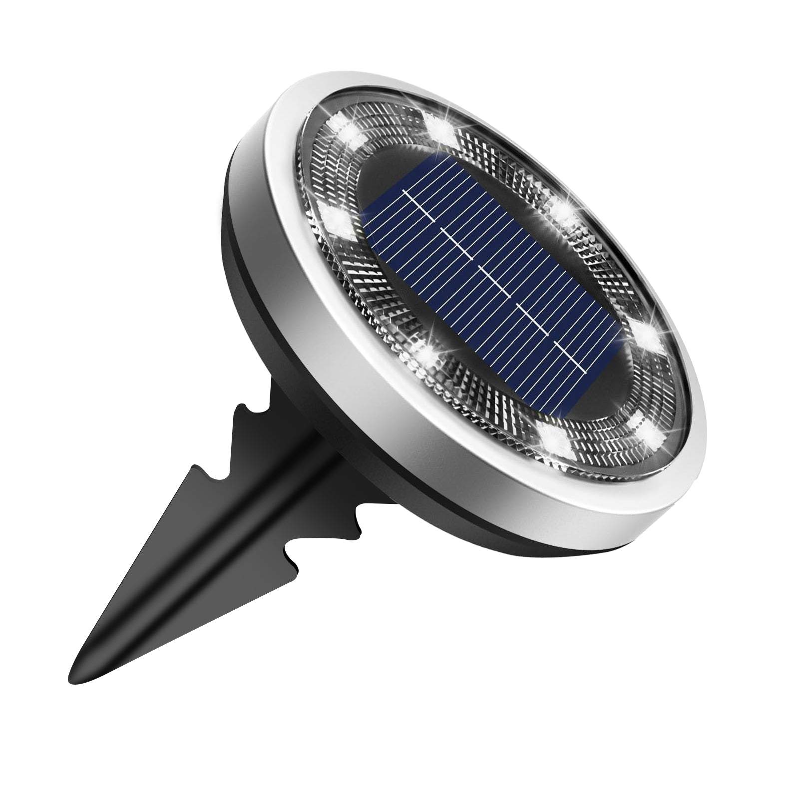 Lampa solara tip disc cu tarus de fixare in sol, panou solar integrat si 8 LED-uri SMD, vedere laterala