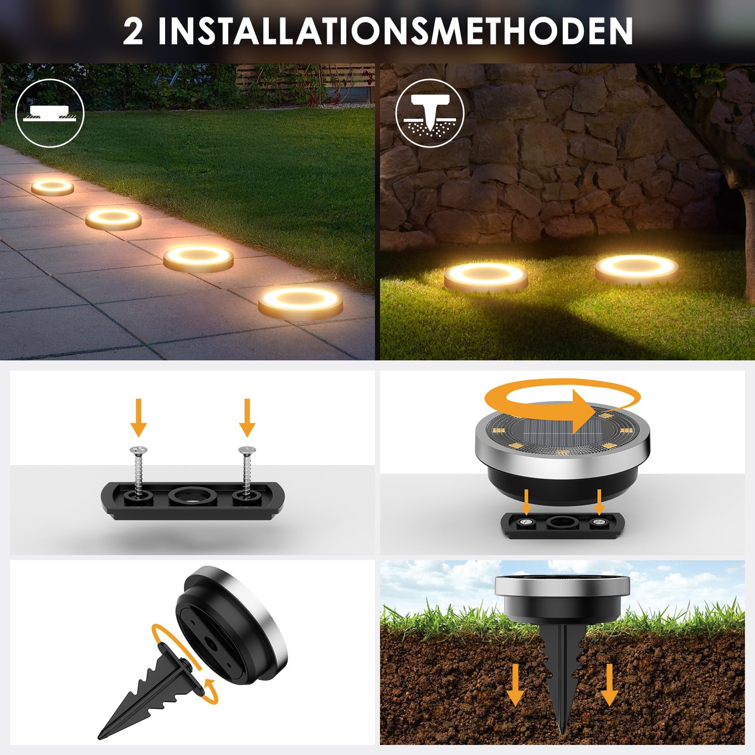 Lampa solara tip disc cu doua metode de instalare: tarus in sol sau suruburi pe suprafata dura