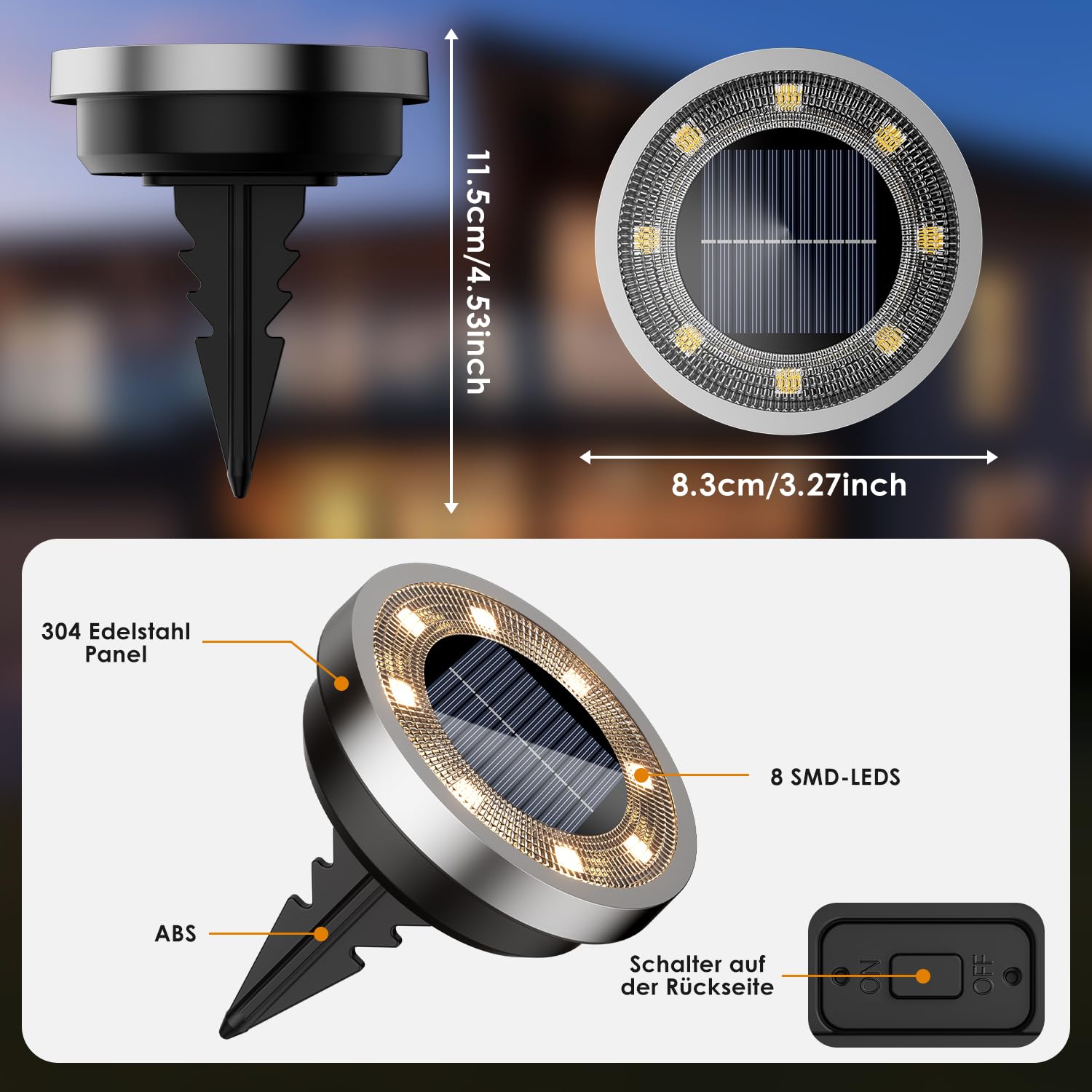 Dimensiuni lampa solara tip disc 8.3 cm diametru, componente: inox 304, 8 SMD LED, corp ABS, intrerupator spate