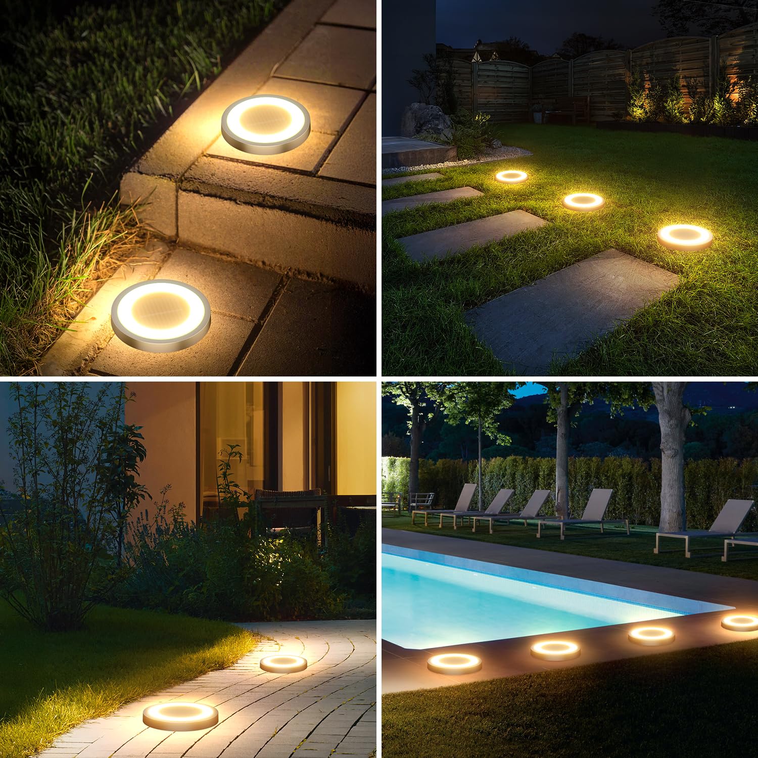 Lampi solare tip disc montate pe alei, trepte, langa piscina si in gradina, lumina inelara calda noaptea