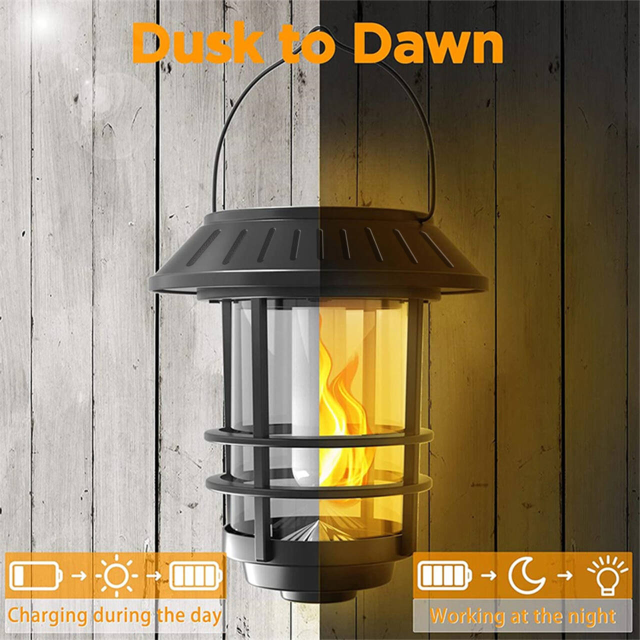 Lampa solara cu efect flacara, functionare automata dusk-to-dawn, incarcare ziua si iluminare noaptea
