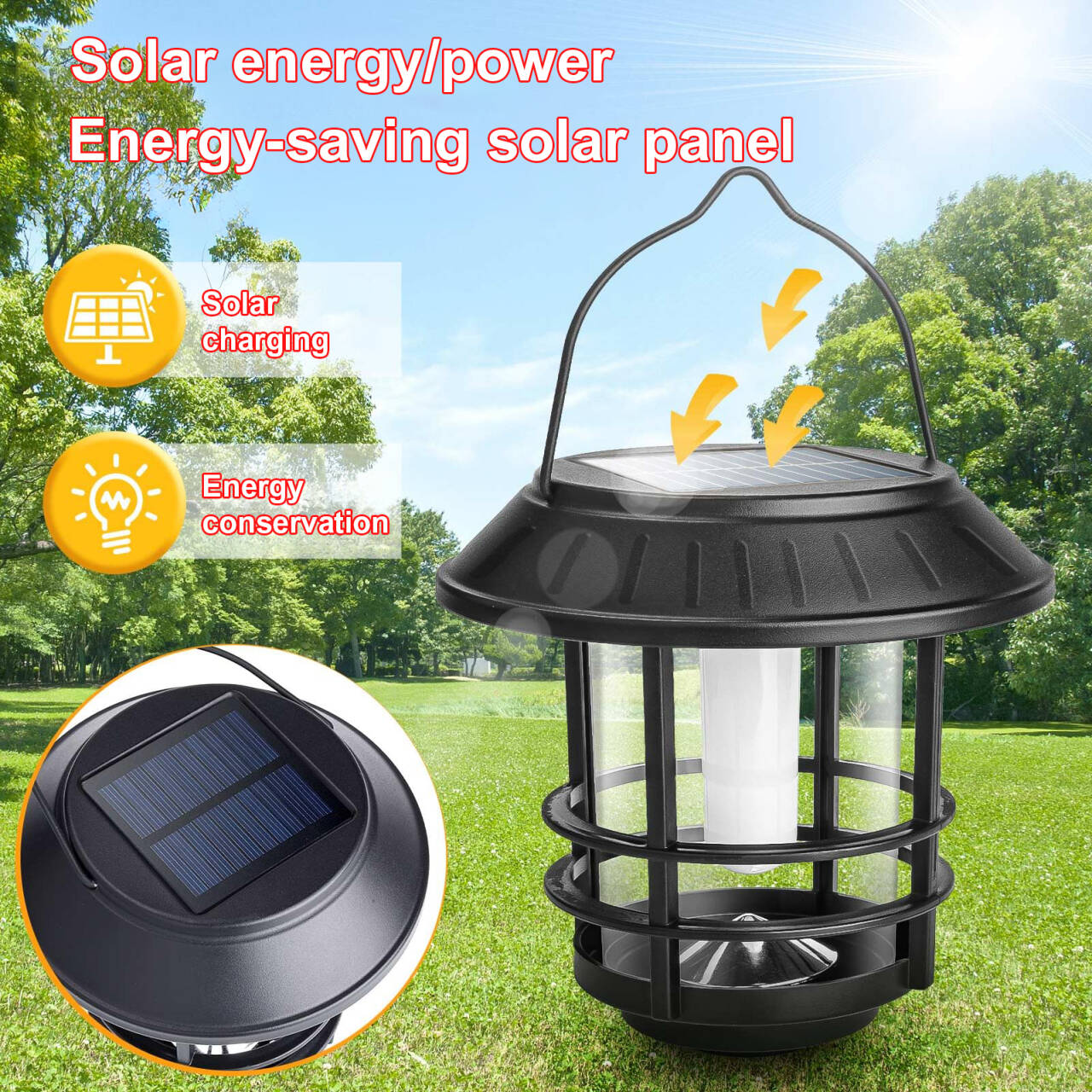 Lampa solara de exterior cu panou solar integrat vizibil, incarcare prin energie solara