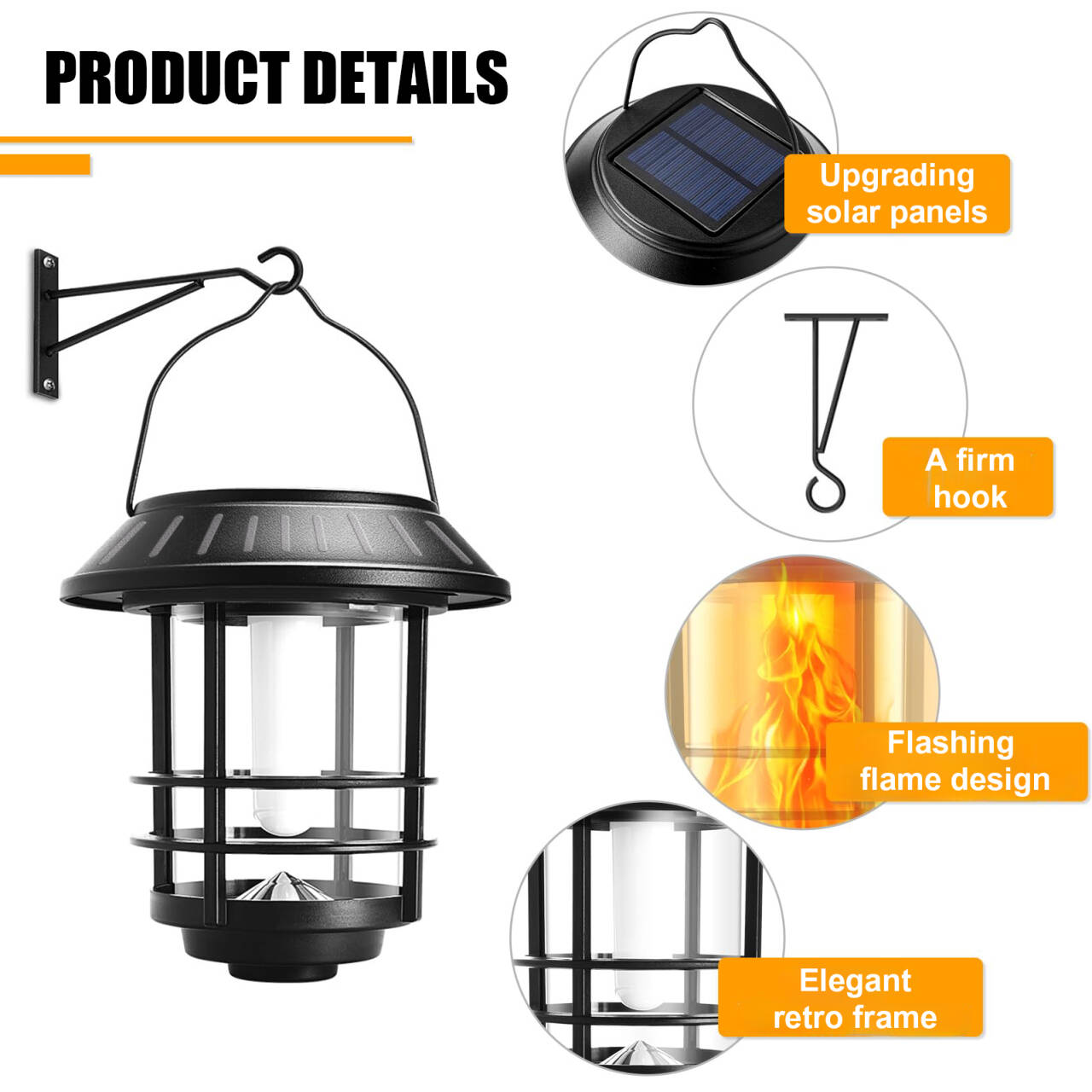Detalii constructie lampa solara retro: panou solar, carlig metalic, rama eleganta, efect flacara LED