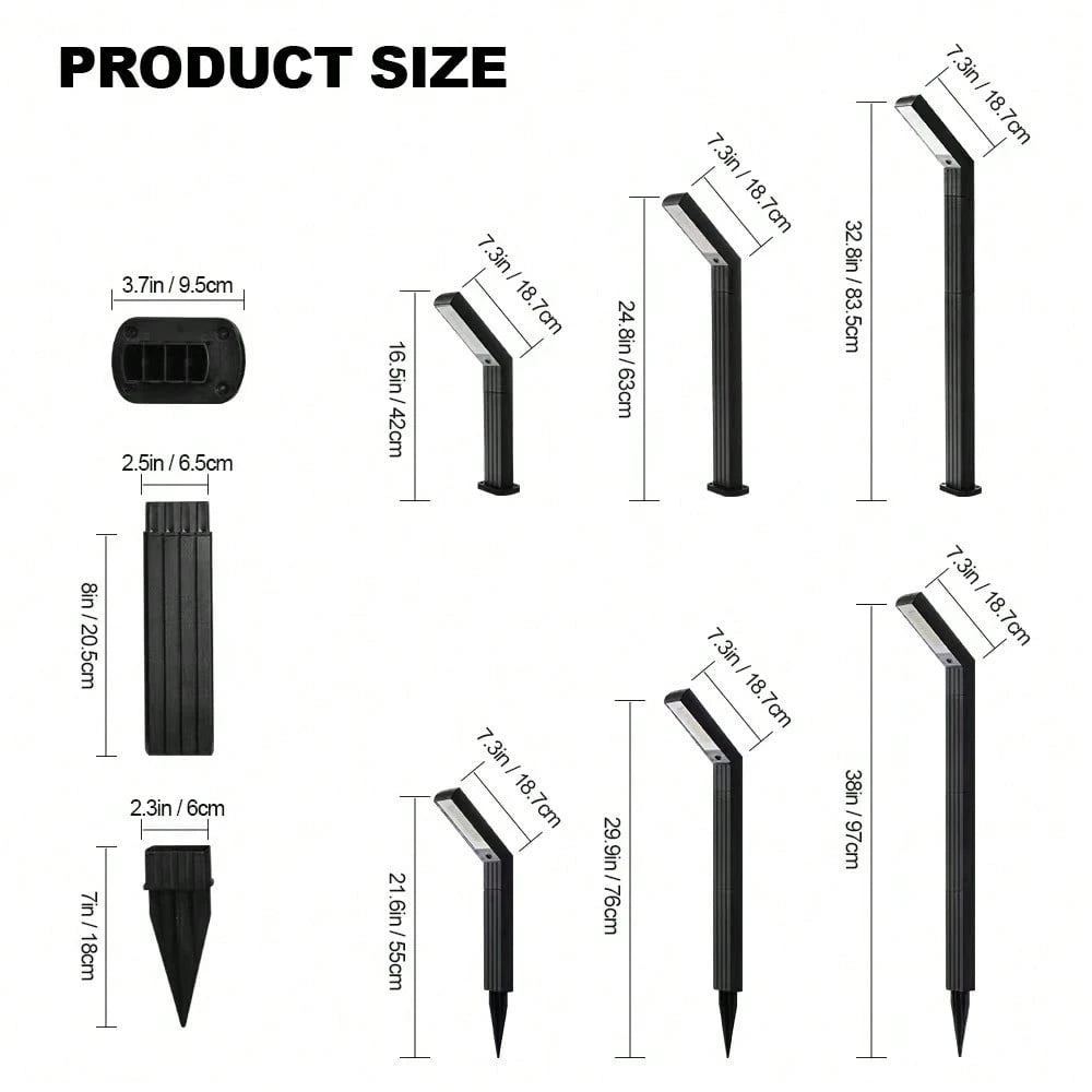 Dimensiuni stalp LED solar gradina, inaltimi reglabile intre 42 cm si 97 cm, cap inclinat 18.7 cm