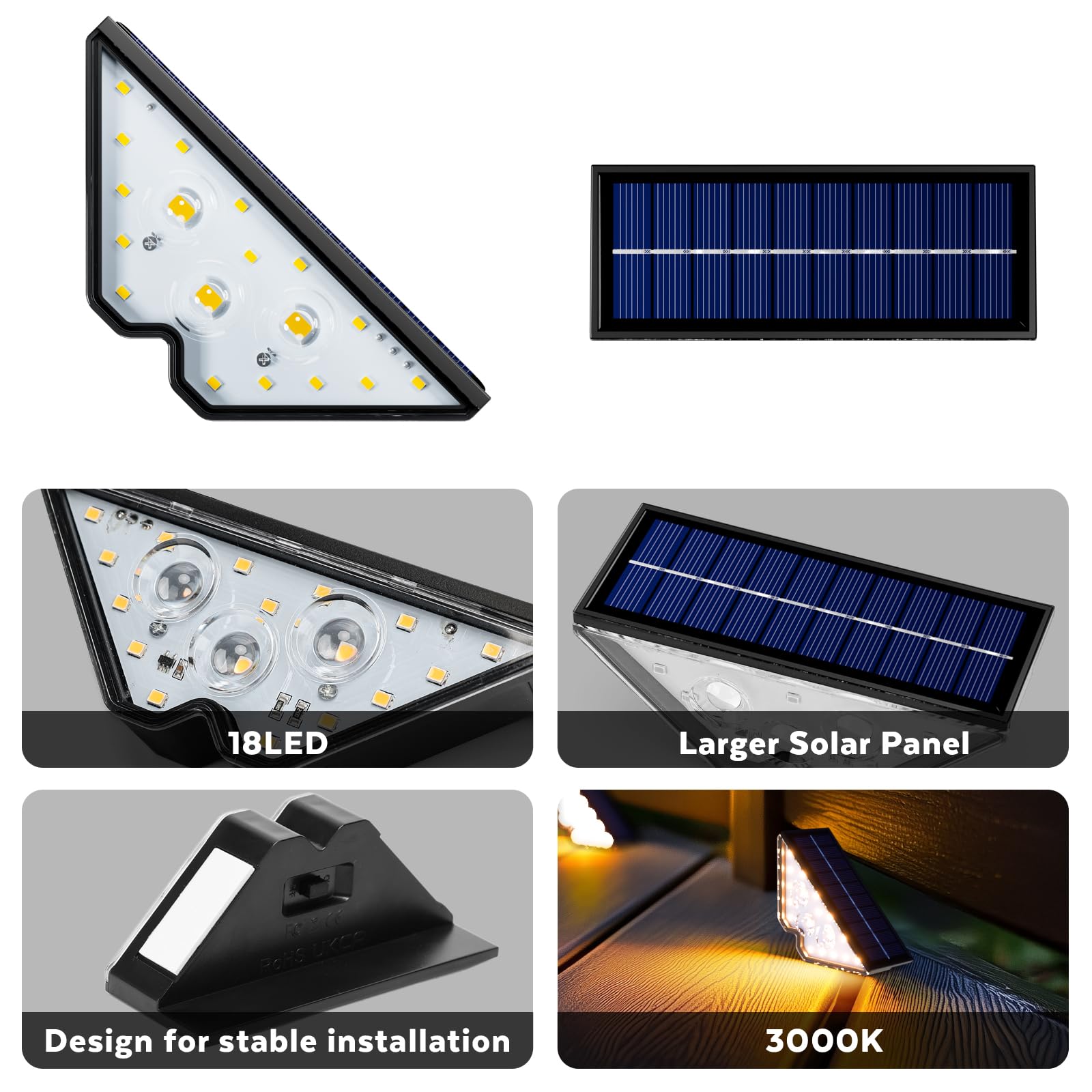 Detaliu lampa solara triunghiulara 18LED 3000K cu panou solar extins si suport stabil de montaj