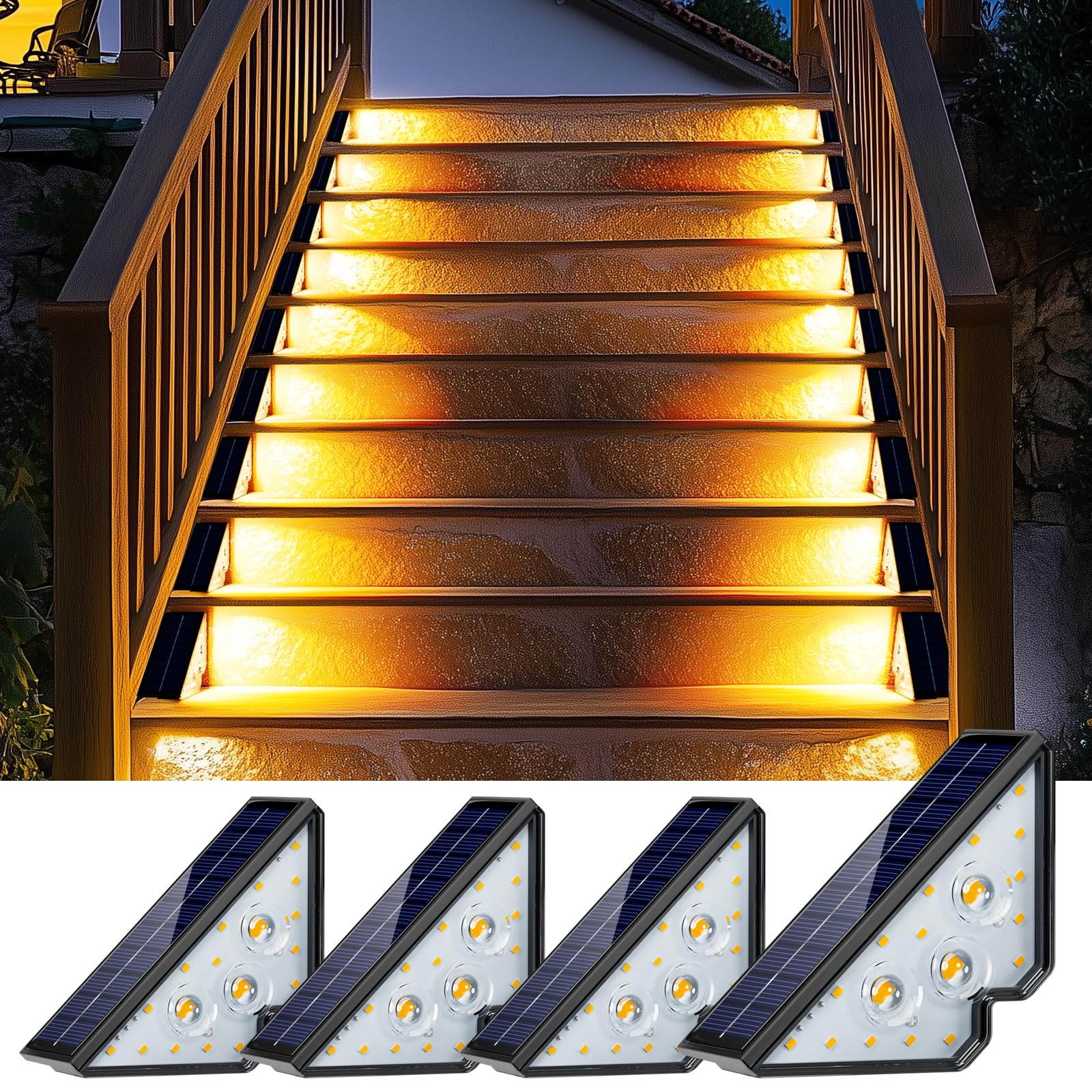 Lampi solare LED triunghiulare set 4 bucati, lumina calda intensa pe trepte de lemn exterior noaptea