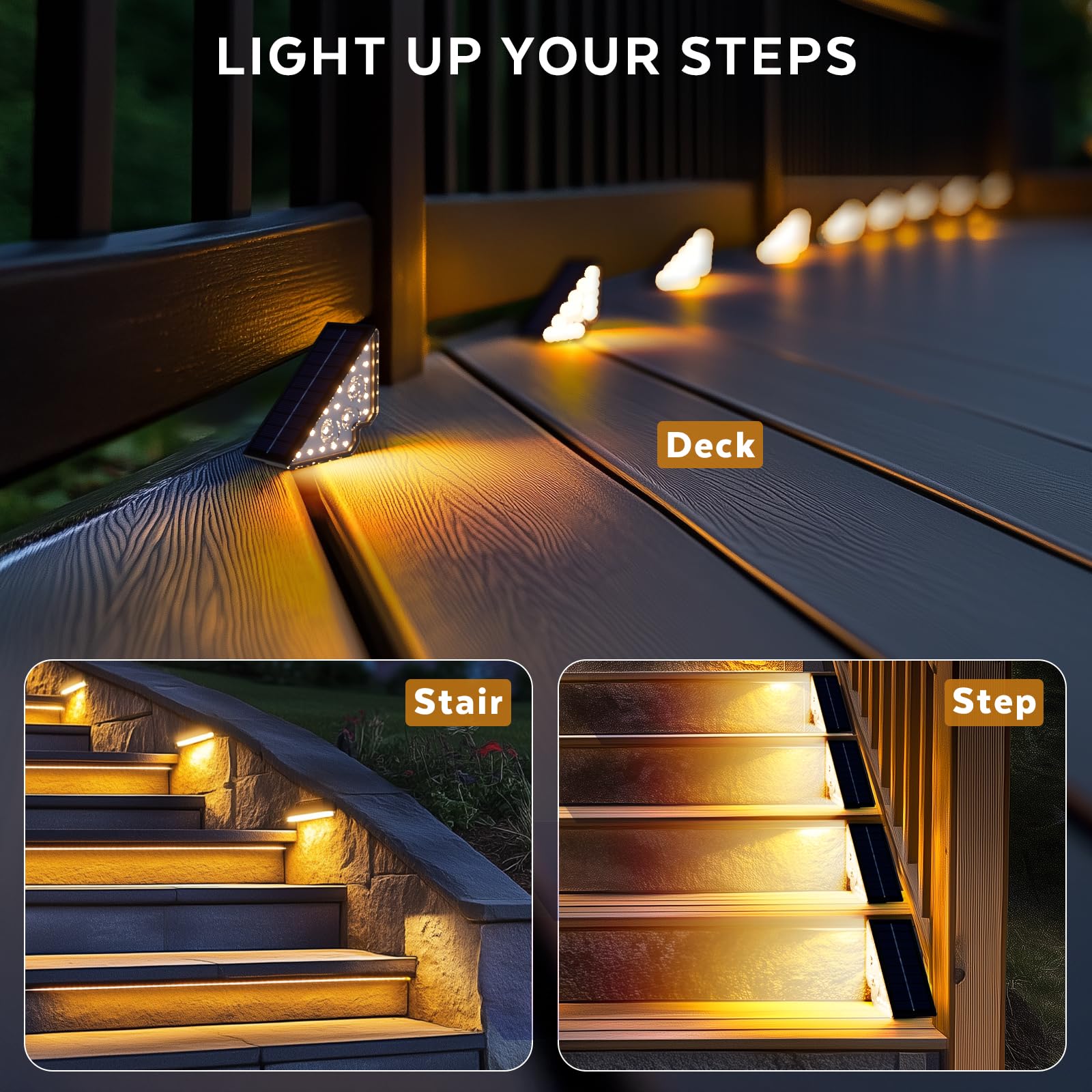 Lampa solara LED triunghiulara montata pe deck, scari si trepte exterioare, lumina calda 3000K